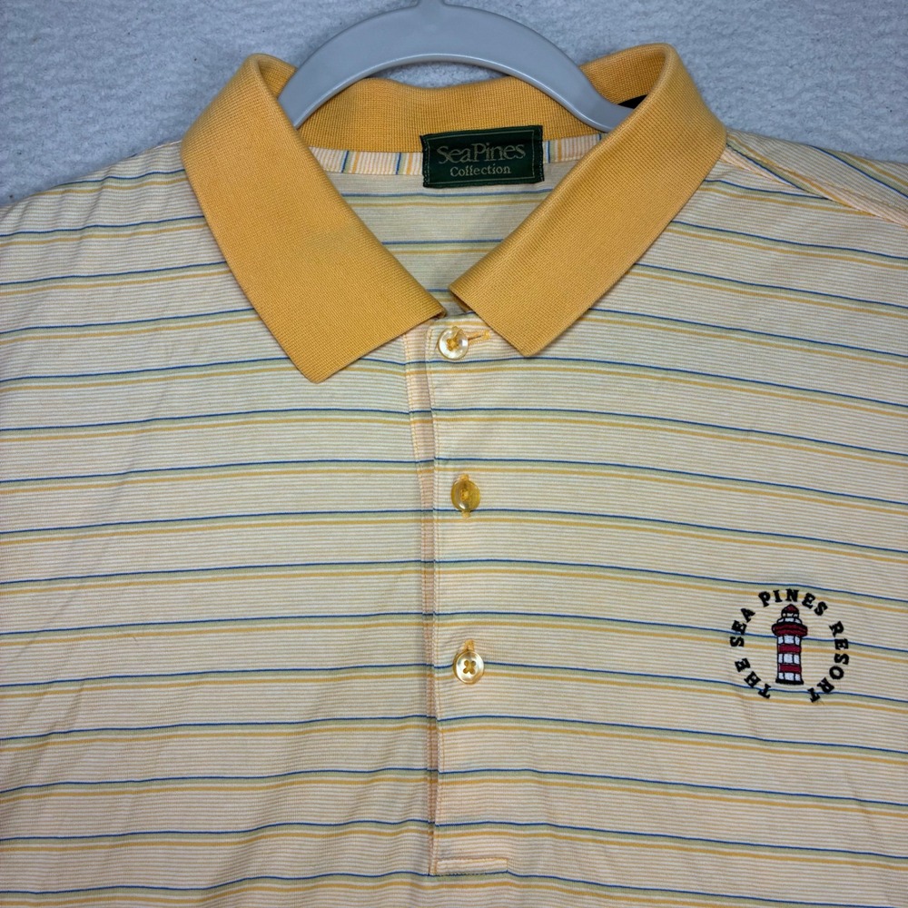 Sea Pines Resort Golf Polo Shirt Men L Yellow‎ Striped Harbour Town Links Preppy